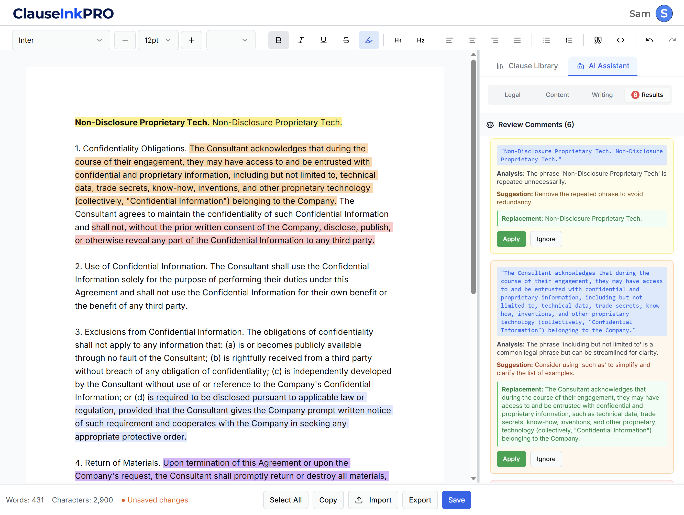 ClauseInk AI legal document editor interface demonstrating real-time clause analysis, intelligent suggestions, professional legal formatting, and seamless contract review workflow