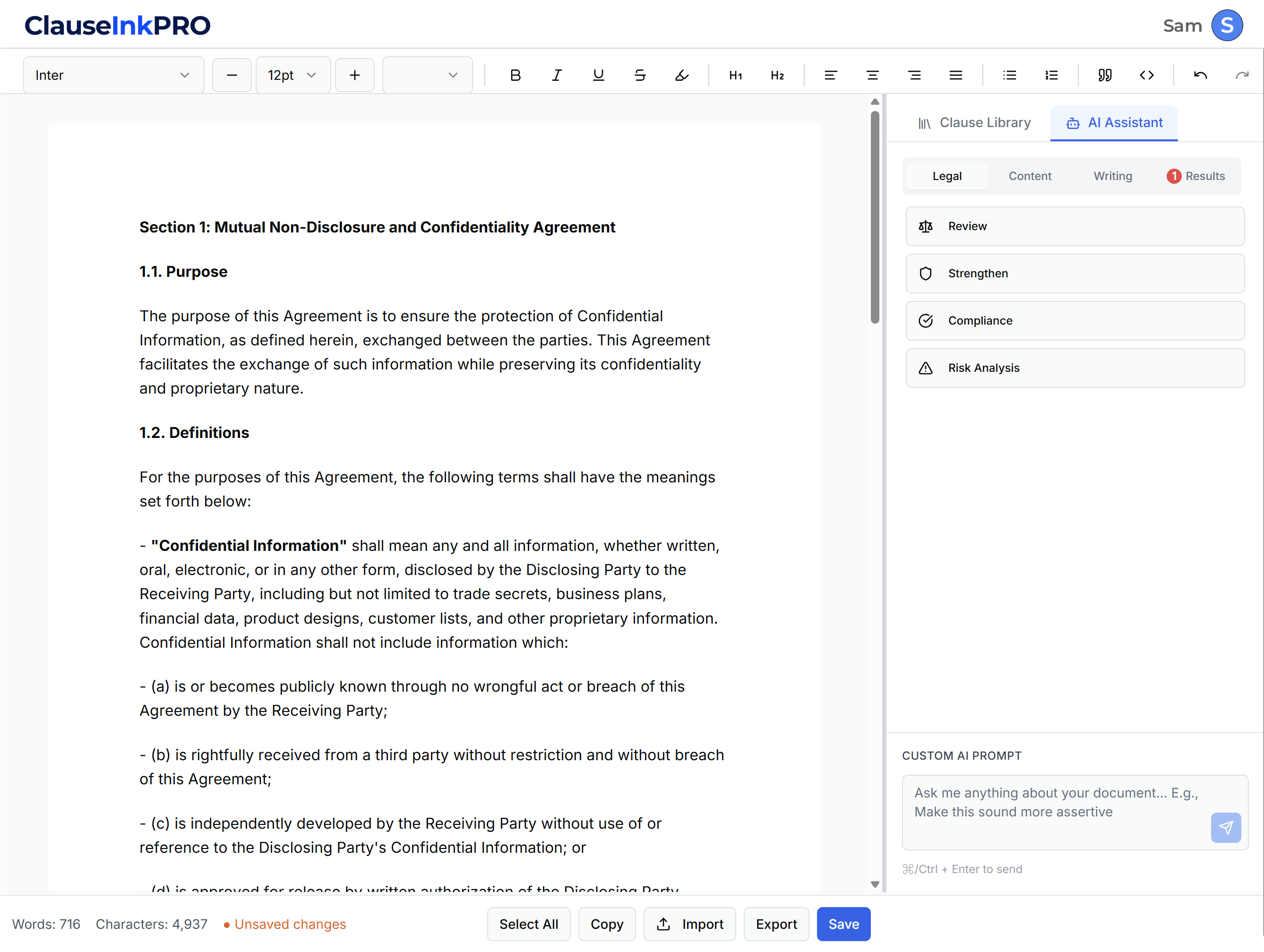 ClauseInk AI legal document editor interface showing intelligent clause suggestions, AI assistant panel, professional legal formatting tools, and contract drafting workspace